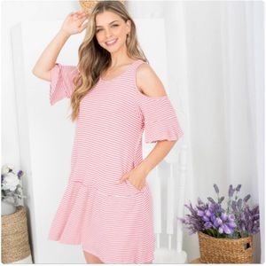 Striped ruffle hem cold shoulder dress